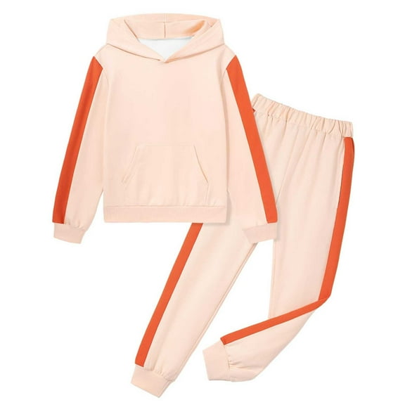 Tfken Toddler Girls Outfits Sets Hooded Color Block Athleisure Trendy Beige Clothing Set Size 2-3 Years