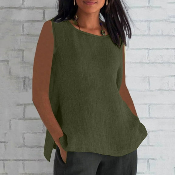 HOZADOIE Tank Tops for Women Cotton Linen Blend Spring Summer Stylish Sleeveless Solid Color Crew Neck Relaxed Daily Casual Wear Versatile Loose Fit Basic Tunic Shirts