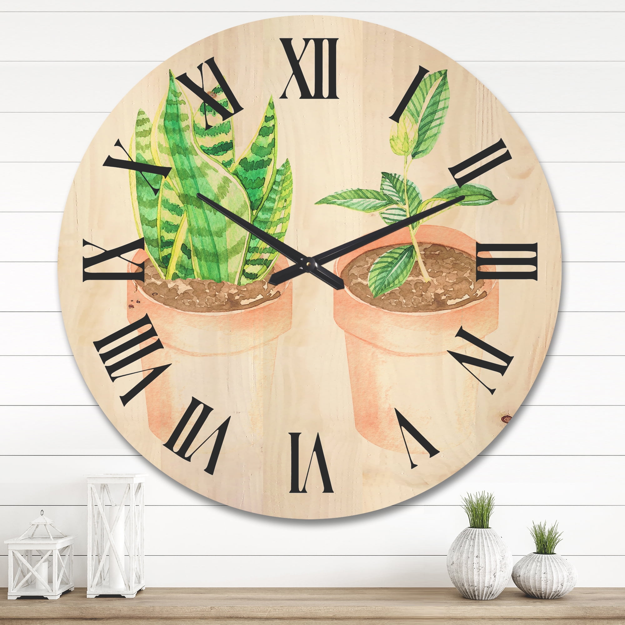 Designart 'Ficus and Sansevieria Indoor Green Home House Plants' Traditional Wood Wall Clock