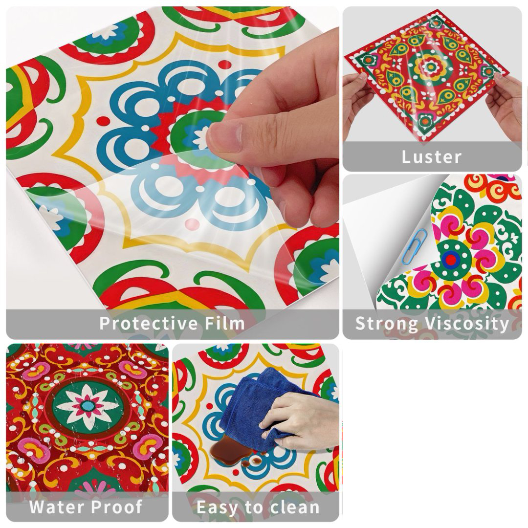 24 Piece Self Adhesive Tiles Stickers Kitchen Backsplash 8" x 8" Red Green Flowers Pattern Wall Decals DIY Peel and Stick Waterproof Tile
