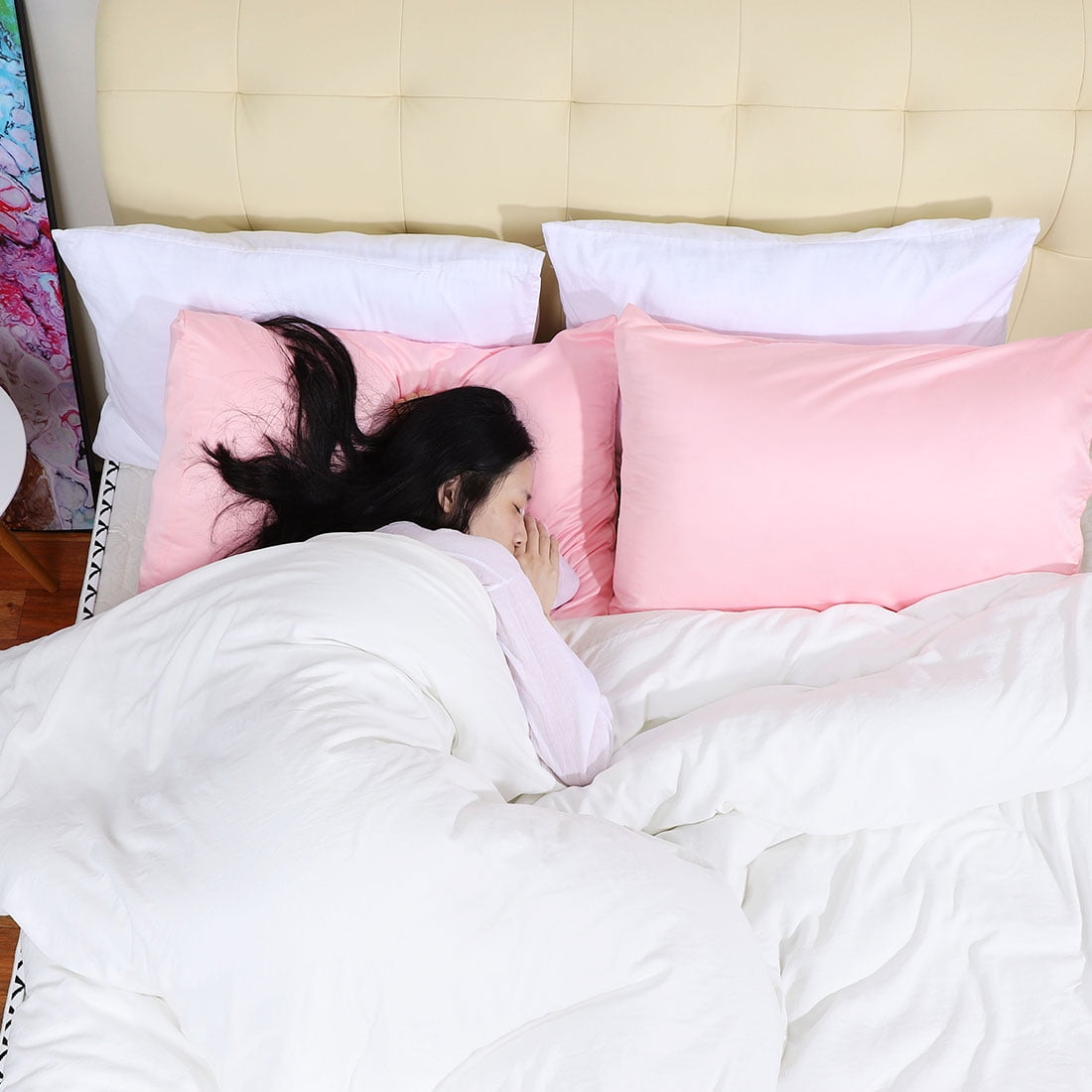 Unique Bargains Silky Satin Pillow Cases Covers Set of 2 Pink Queen