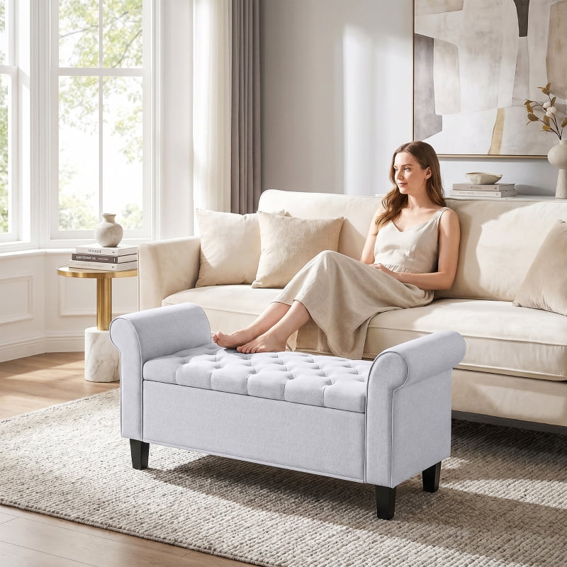 Alvantor Storage Bench with Tufted Seat & Rolled Arms for Bedroom 46.7"x18.5"x21.9" Light Gray