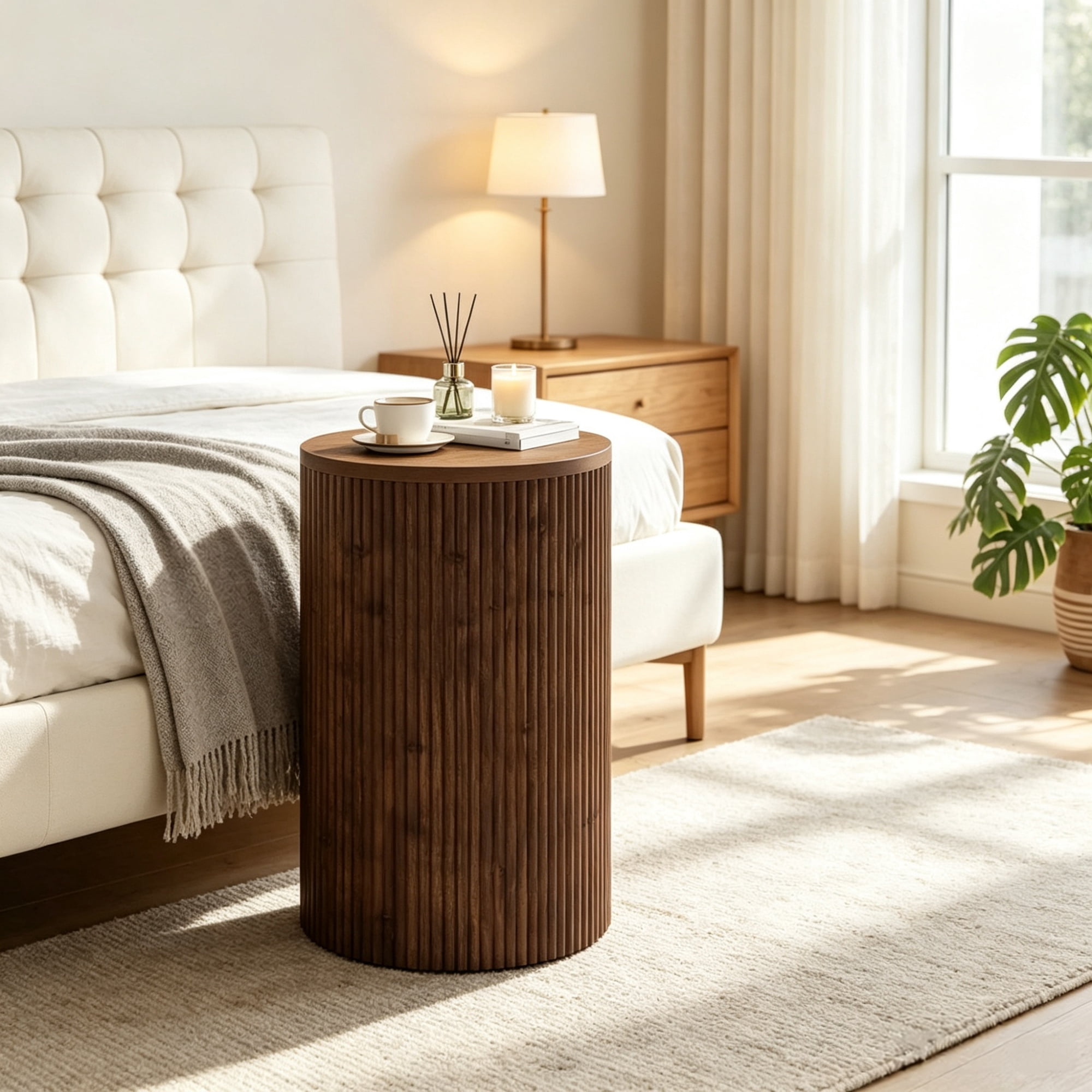 Wooden Round Side Table with Storage & 4 Wheels, No-Assembly Fluted End Table