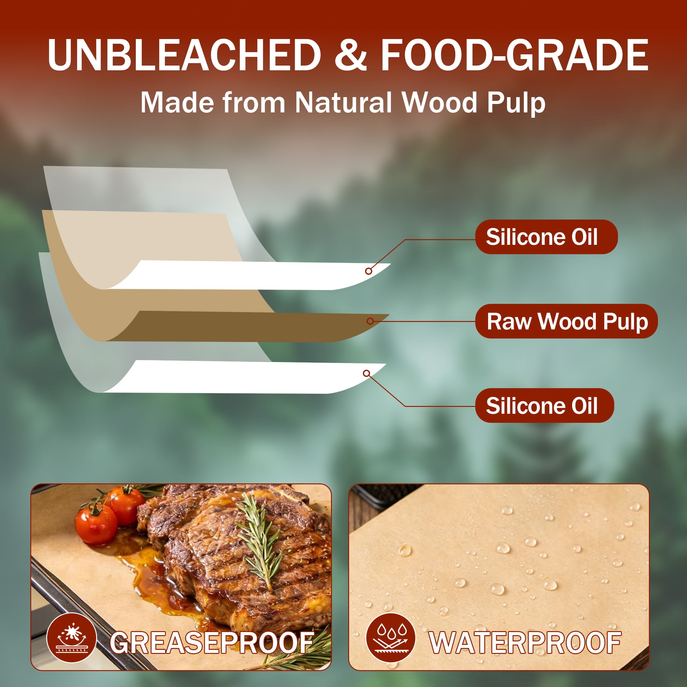 GARITIN Unbleached Parchment Paper Roll 15in x 200ft, Non-Stick Brown Baking Paper 250 Sq.Ft with Serrated Cutter for Baking & Air Fryer
