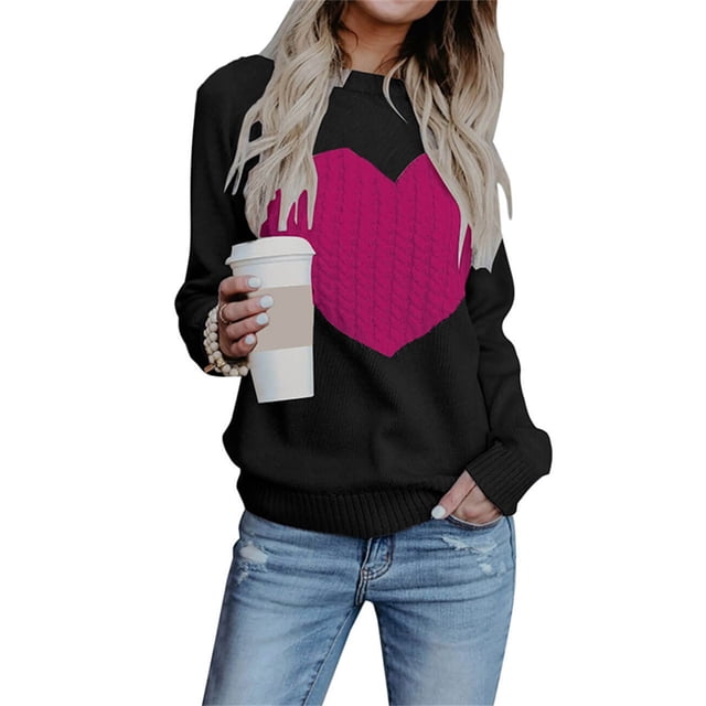 ZAXARRA Chandail Femme Manches Longues Col Rond Imprimé Cœur chandail Décontracté Cadeau de la Saint-Valentin pour Petite Amie