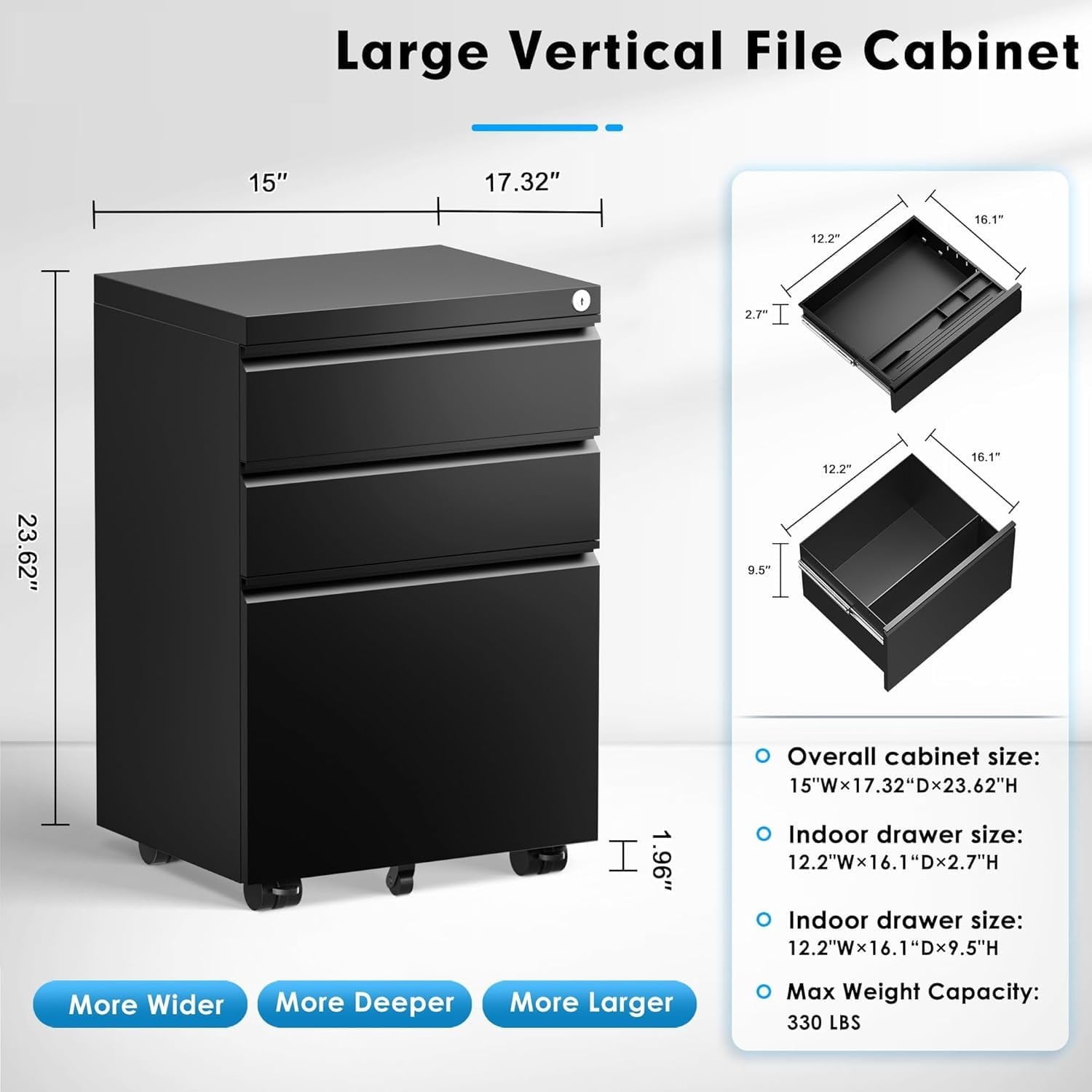 SOLAURA 3 Drawer File Cabinet with Wheels & Lock, Metal Rolling File Cabinet, Under Desk Mobile Filing Cabinet for Office, Fits Legal/Letter/A4 Size(Unassembled, Black)
