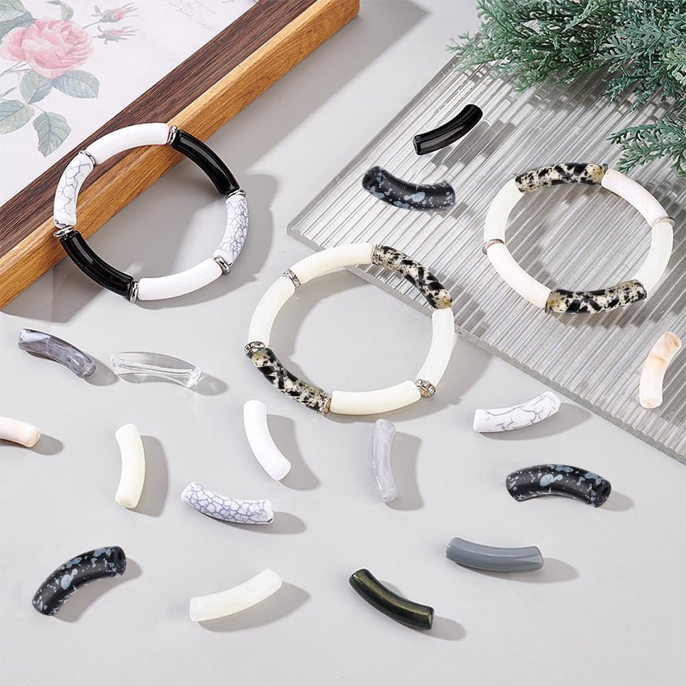 296pcs Acrylic Tube Beads for Bracelets Making Tube Bangles Bracelet Black White Curved Tube Beads Noodle Slide Beads with Spacer Beads for Necklace Bracelet Jewelry Making
