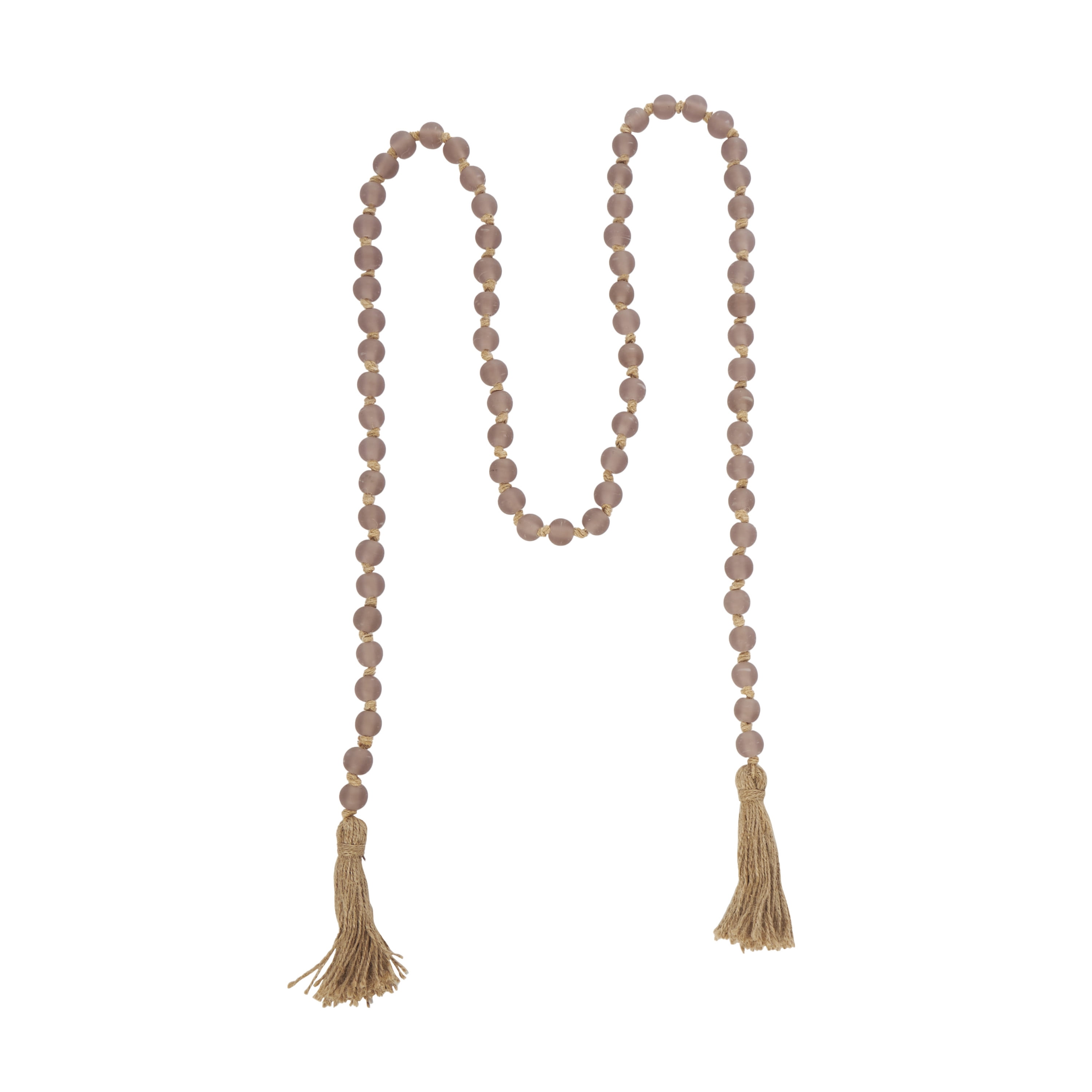 DecMode Handmade Round Long Frosted Beaded Pink Glass Garland with Tassel with Knotted Brown Jute