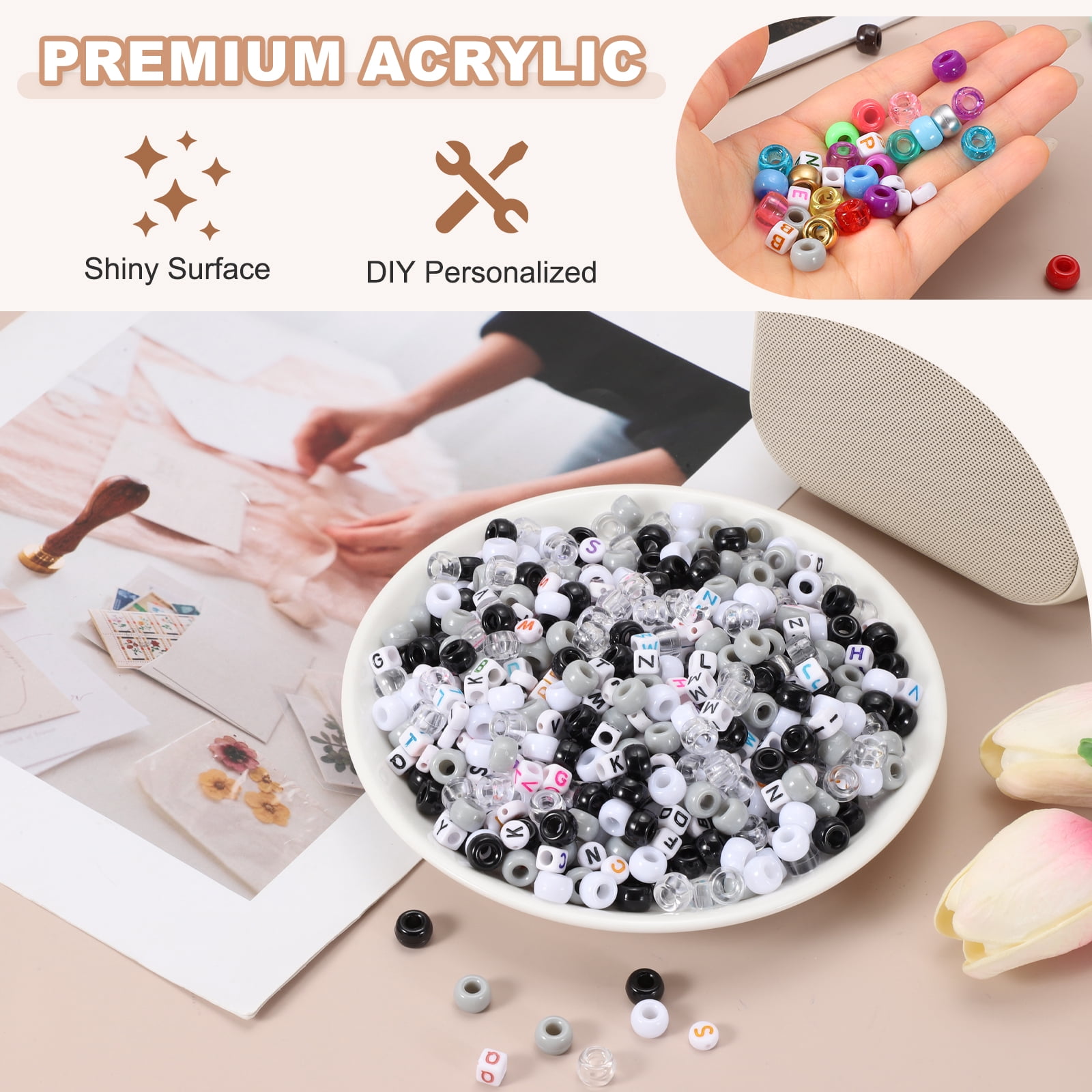 Uxcell 1000 Pcs Pony Beads 6 x 9 mm Acrylic Friendship Bracelet Making Kit with Letter Bead, Black/White
