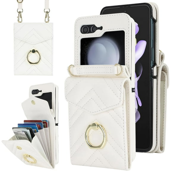 XIHAMA Phone Case Compatible with Galaxy Z Flip 6 5G 2024 Wallet Cover with RFID Blocking Ring Crossbody Wrist Strap Stand Credit Card Holder Purse Cell ZFlip6 Z6 G Flip6 6Z Women Men Girls