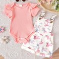 thumbnail image 3 of Hiijoy Infant Girls Summer Outfits Ruffle Short Sleeve Ribbed Romper Bow Print Overall Shorts, Sizes 9-12M, 3 of 8