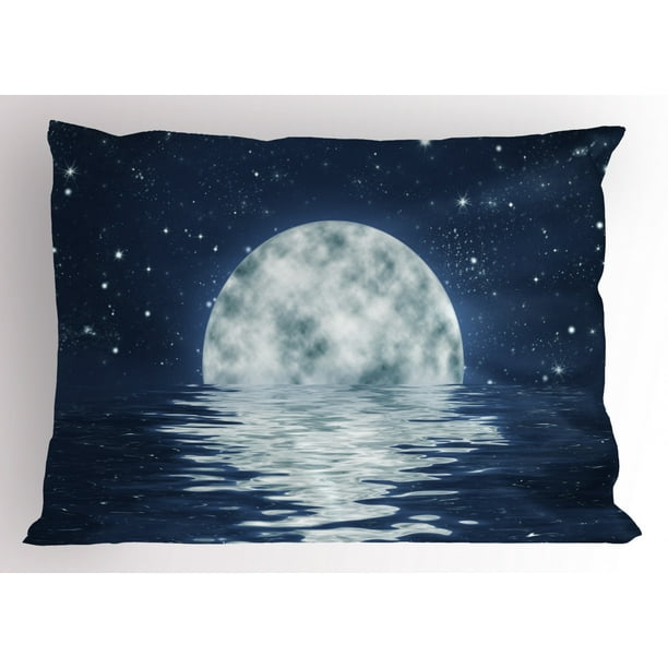 Moon Pillow Sham Moon Setting over the Sea with Waves Night Sky with ...