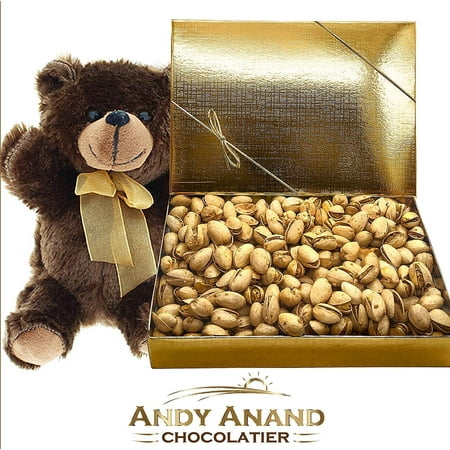 Salted California Pistachios - Andy Anand Chocolates- Premium California Organic Pistachios with light Sea Salt in a Premium Gift Basket Plus Teddy Bear, Slow Roasted made in Small Batches 1 LBS