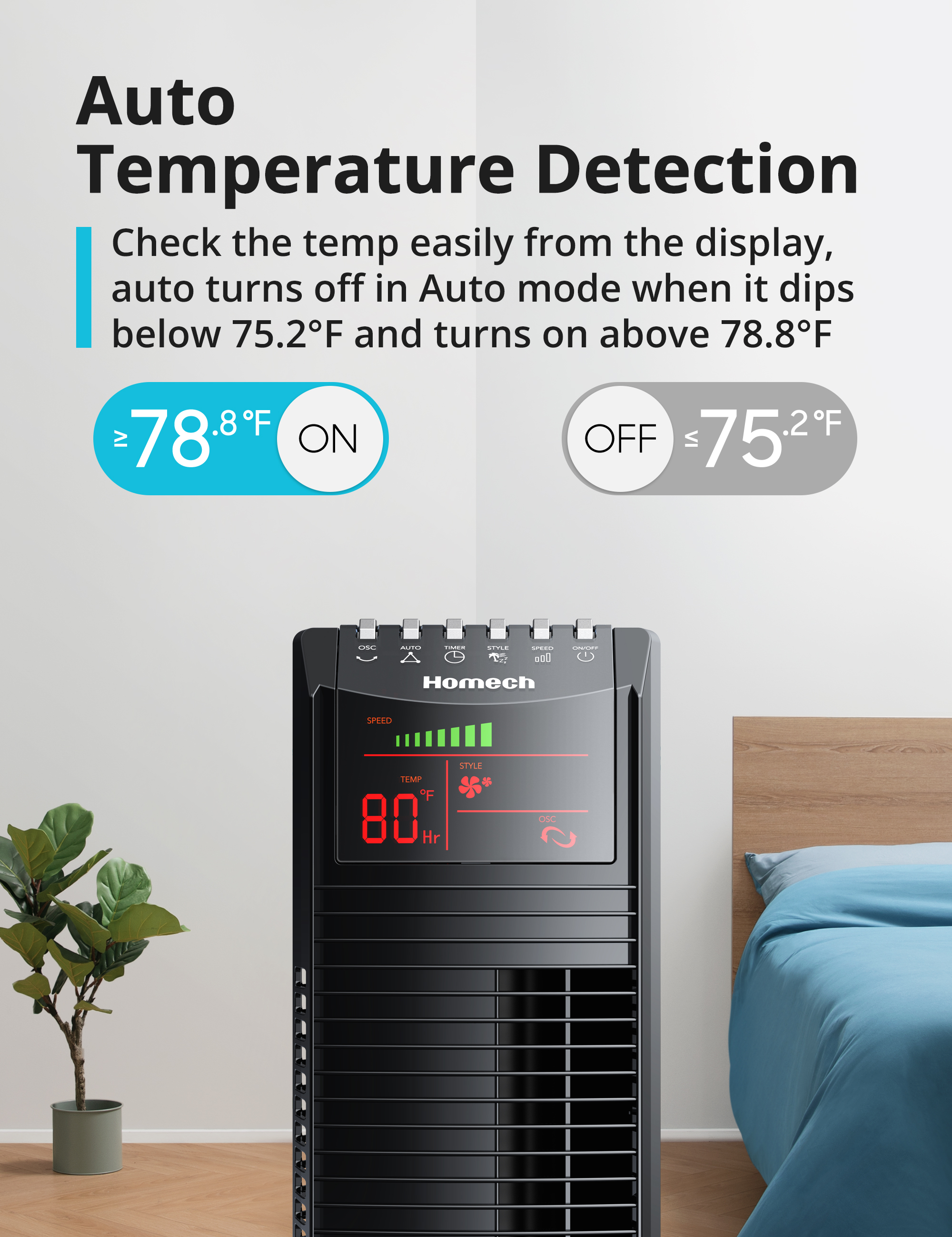 HOMECH 36" Oscillating Tower Fan 3-Speed Floor Fan Bladeless Tower Fan with Remote Control, Timer, and Large LED Display, Black