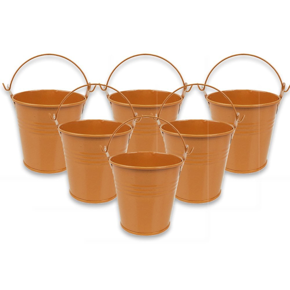Just Artifacts Mini 3-Inch Metal Crayon/Pencil Holder Favor Bucket Pail (6pcs, Orange)
