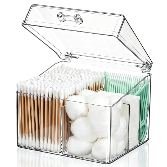 CWYEYE Clear Qtip Holder with Lid, 4-Compartment Cotton Swab Dispenser for Bathroom Vanity Countertop Storage