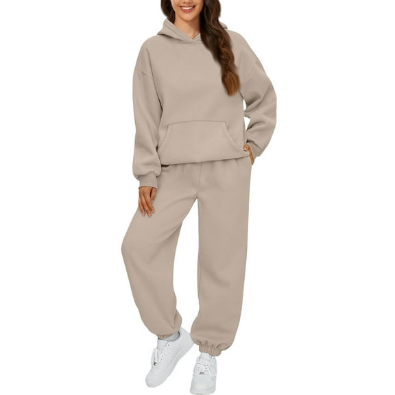 Womens 2 Piece Outfits Lounge Hoodie Sweatsuit Sets Oversized Sweatshirt Baggy Fall Fashion Hoodies & Sweatpants Beige S