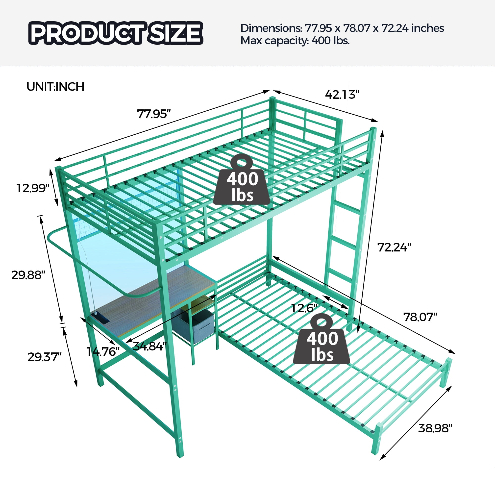 Aukfa Twin over Twin Bunk Bed with Desk, LED Light & Storage Shelves, L-Shaped Metal Bunk Bed for Teens & Kids, Green