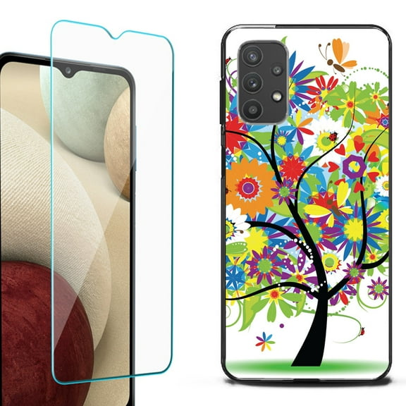 Slim-Fit Flexible TPU Gel Phone Case (black) for Samsung Galaxy A32 5G, with Tempered Glass Screen Protector, by OneToughShield ® - Colorful Tree