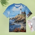 thumbnail image 4 of Lighthouse Sunrise Coast Scenery Pale Blue Tan Women's Short Sleeve T-Shirt Crew Neck Casual Summer Trendy Loose Fit Tops, 4 of 6