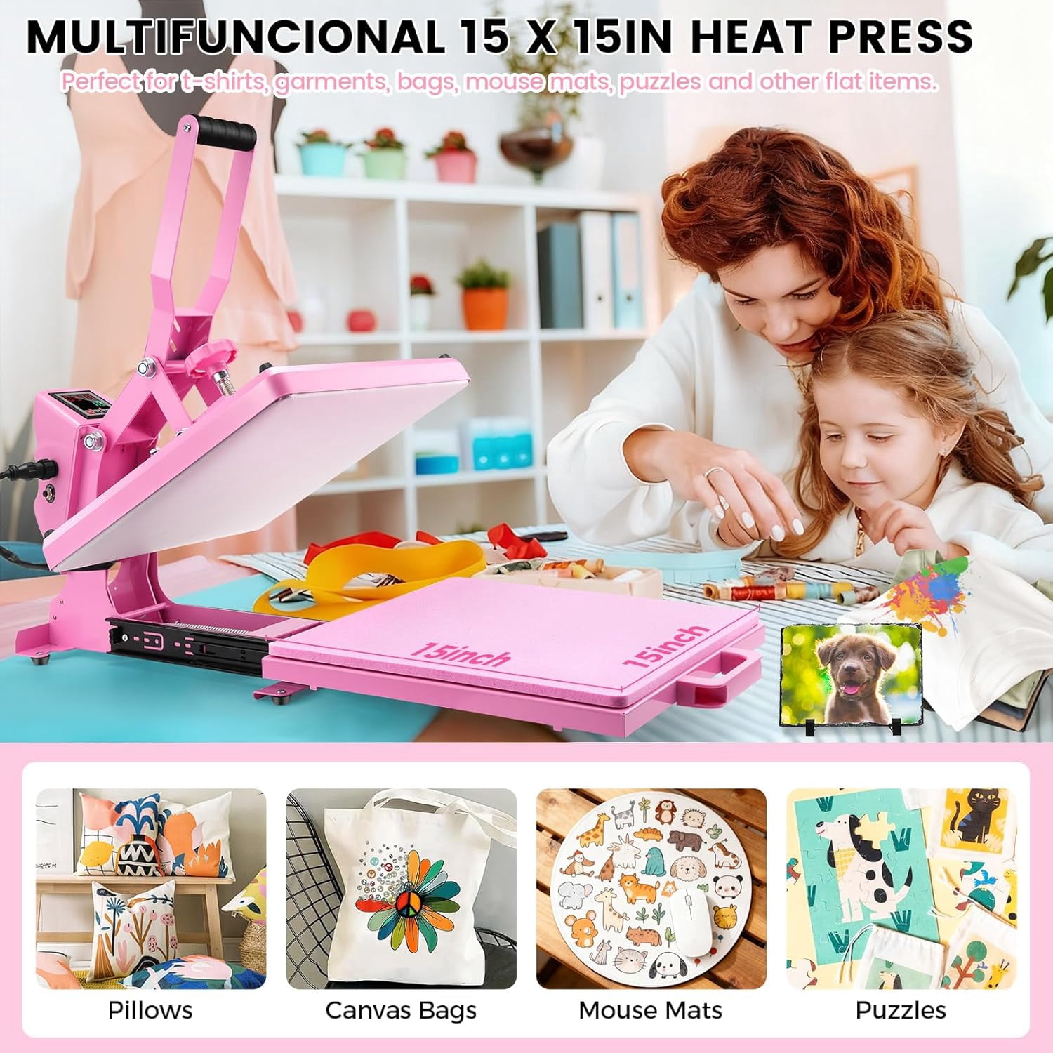 Adnoom Clamshell Heat Press 15x15 with Slide Out Design, Industrial-Quality Sublimation Press with Dual Tube Heating System, Digital Heat Transfer Machine for T-shirt, Mouse Pad, Pillows, Pink