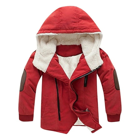 

Special Offers Juebong Boys Cotton-padded With Thick Fleece Hooded Mid-length Cotton Jacket Red 3-4 Years