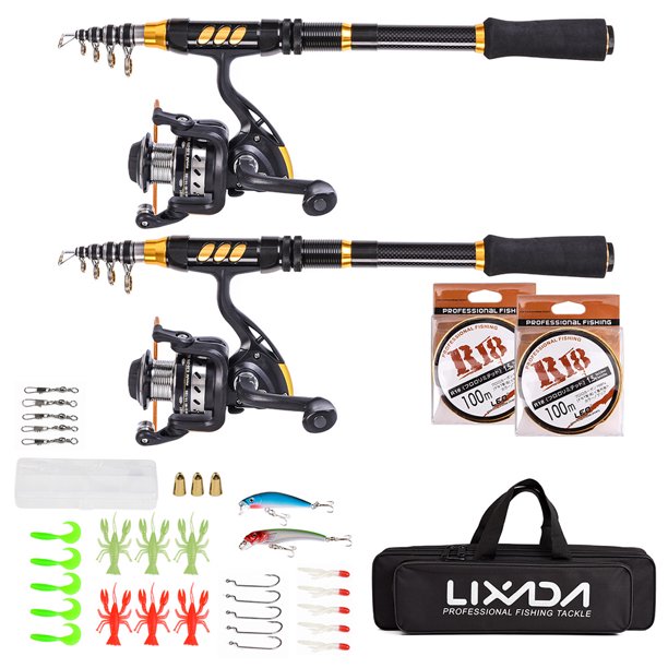 Kit de varilla giratoria Juego completo de 2 piezas de caña de pescar y carrete telescópicos, carrete de pesca giratorio, organizador de engranajes, juego de postes con línea de pesca de 100 m, señuel