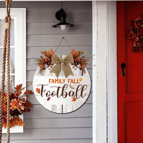 Lucidhisun Wooden Family Fall Football Welcome Sign for Front Door, Maple Leaf Round Wood Signs, Autumn Hanging for Football Season Farmhouse Porch Door Wall Window Decoration 12in