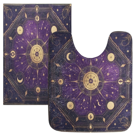 2 Piece Soft Bathroom Rug Set Purple Celestial Octagon Pattern Bath Mat and U-Shaped Toilet Contour Rug (16"x24" 20"x24")