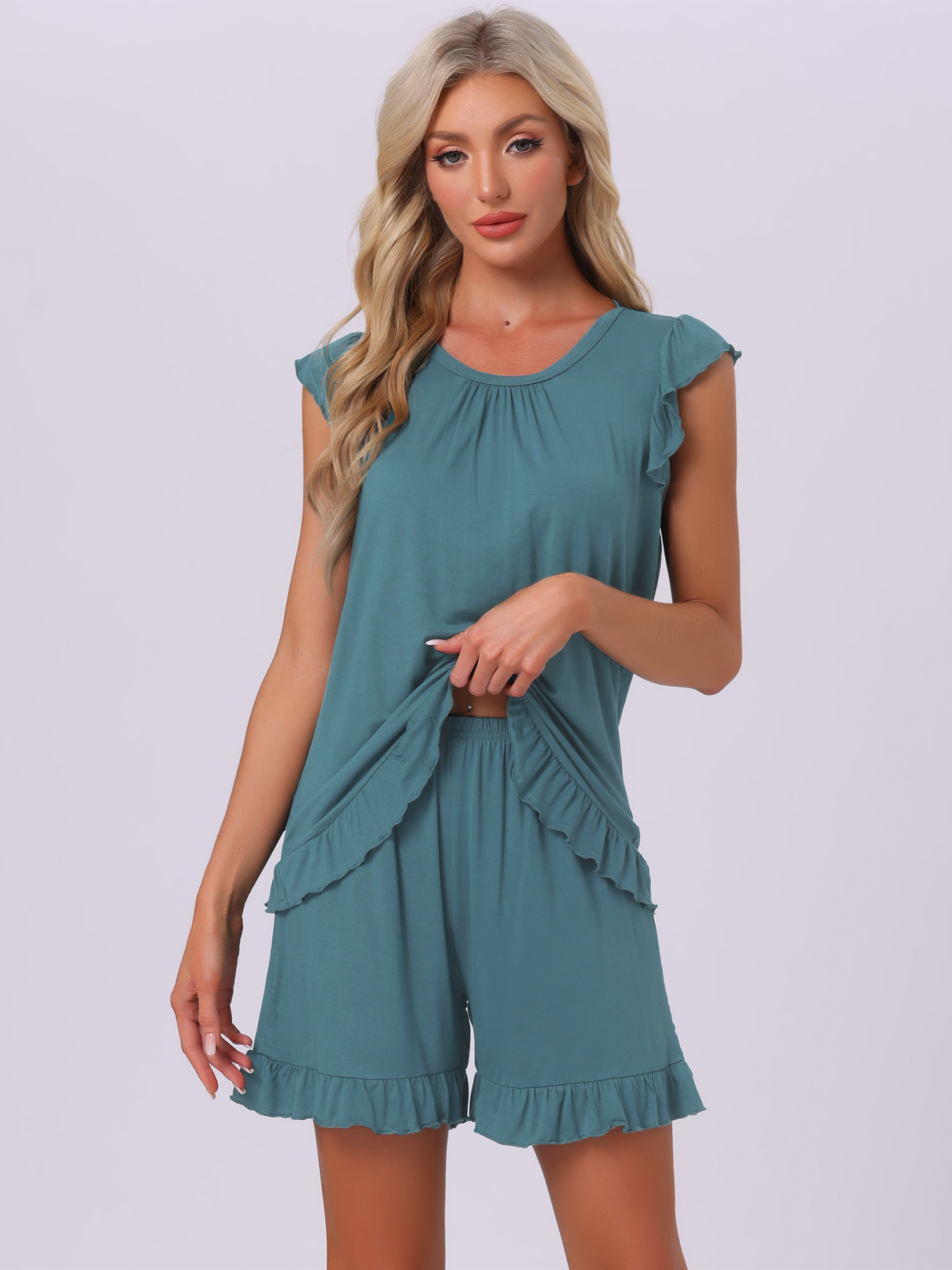 DARING DIVA Ruffle Trim Cap Sleeve Lounge Tops Shorts Pajama Sets 3XL Peacock Green