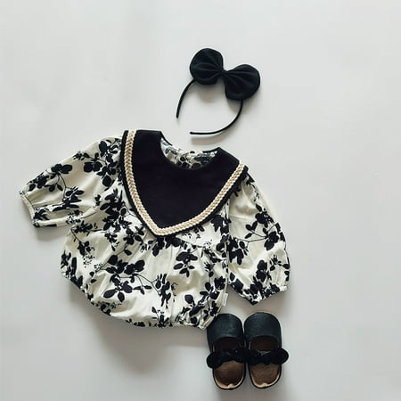 

DancePeanut Baby Romper Children s Flower Pattern Bib Collar Long Sleeve Bodysuit Dress Spring Autumn Cotton Triangle Clothes Skirt Girls