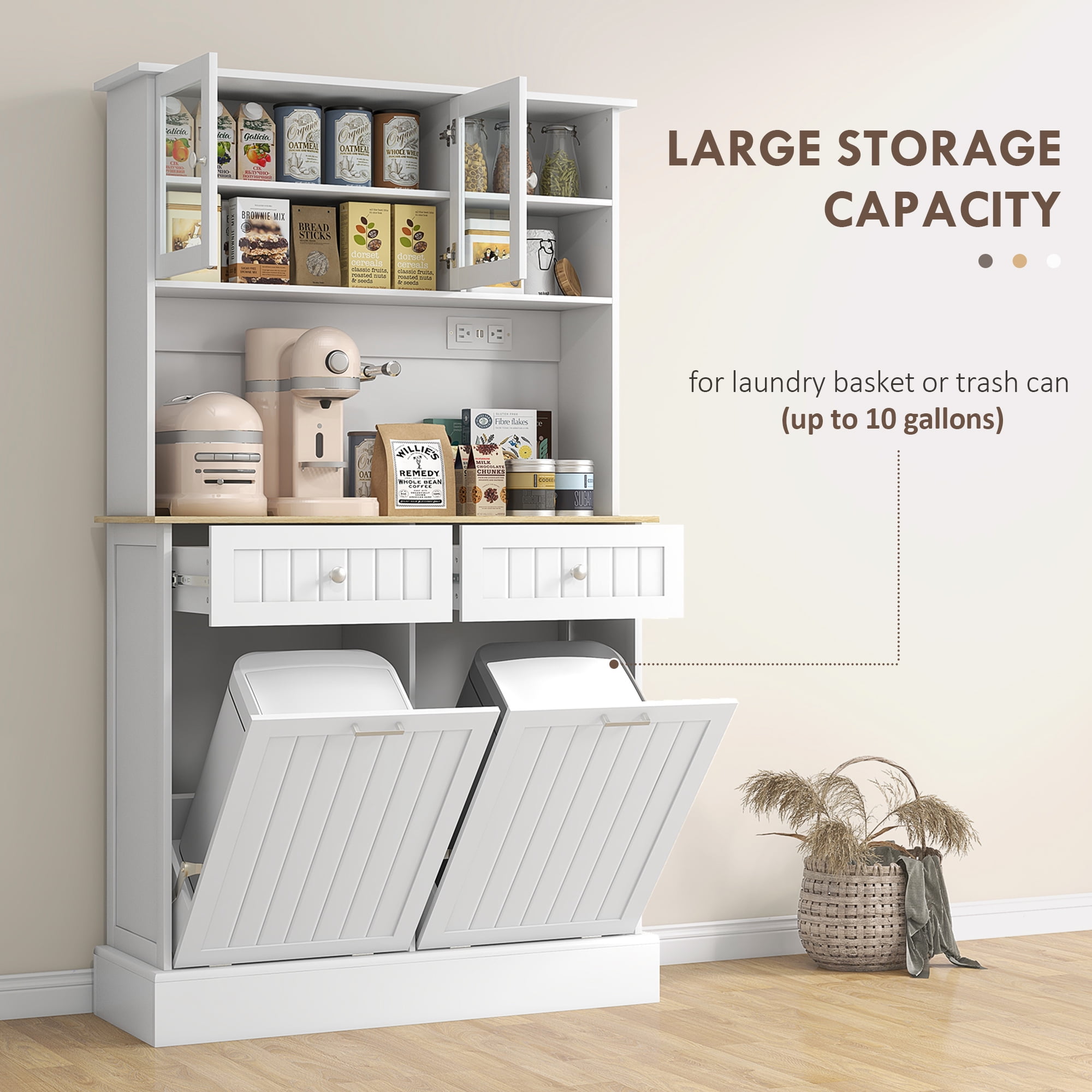 HOMCOM 68" Kitchen Pantry Cabinet with Charging Station, 2 Tilt Out Trash Cabinets and Microwave Stand, Modern Storage Cabinet, White