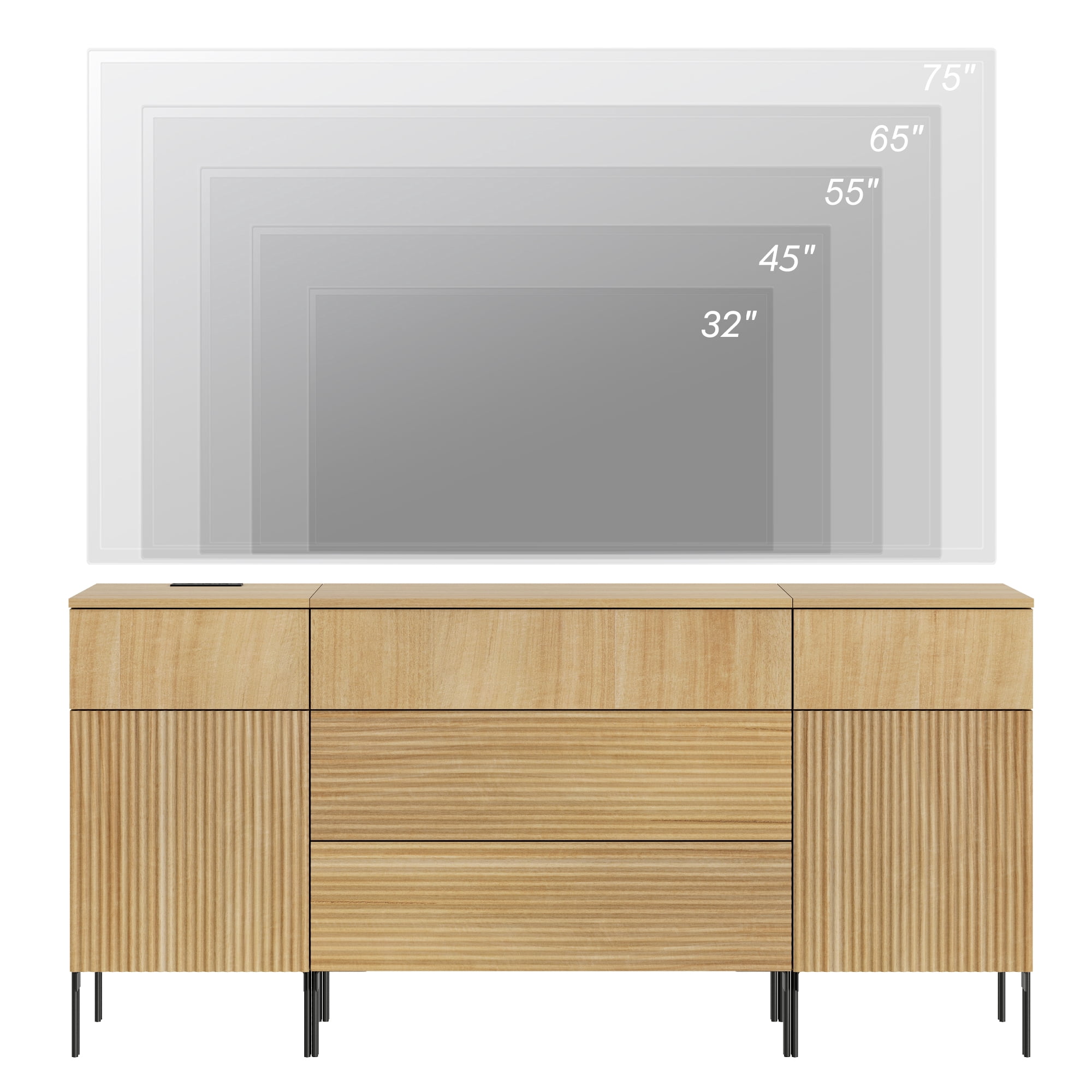 63" Modern Reeded Dresser TV Stand with Drawers, Entertainment Center with Charging Station, Wooden TV Console with Storage for Living Room