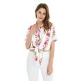 thumbnail image 3 of Women's Hawaiian Tie Front Crop Top Aloha Shirt in Pink White Hibiscus Vine XL, 3 of 5