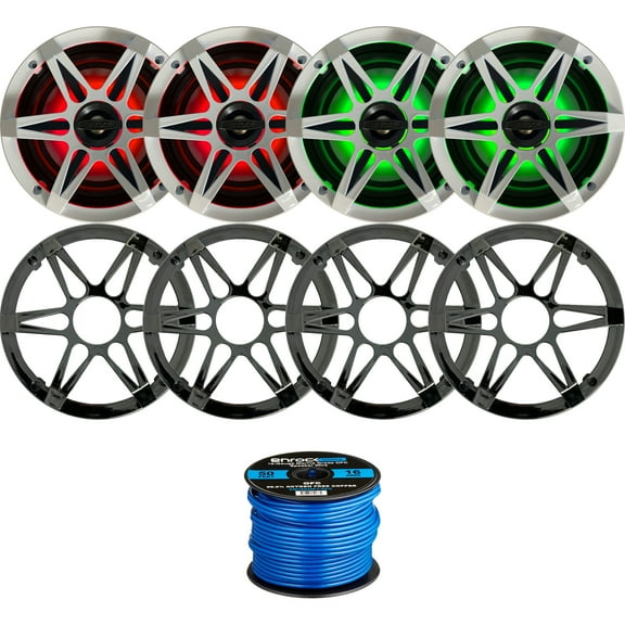 2 Pairs (QTY 4) of Enrock Marine 6.5" 4-Ohm 120 Watt Peak Power Waterproof 2-Way Coaxial Speakers with MultiColor LED Lighting - Bundle Combo with Chrome/White Grilles and 50Ft 16-Gauge Speaker Wire