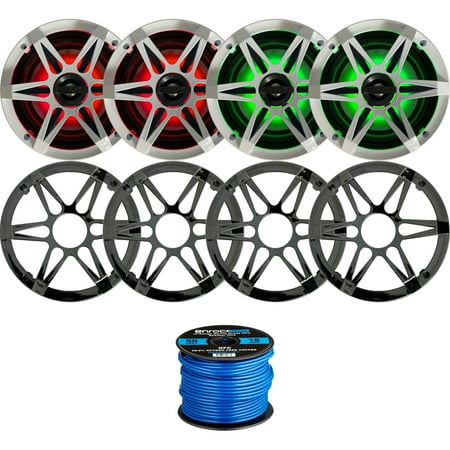 2 Pairs (QTY 4) of Enrock Marine 6.5 4-Ohm 120 Watt Peak Power Waterproof 2-Way Coaxial Speakers with MultiColor LED Lighting - Bundle Combo with Chrome/White Grilles and 50Ft 16-Gauge Speaker Wire