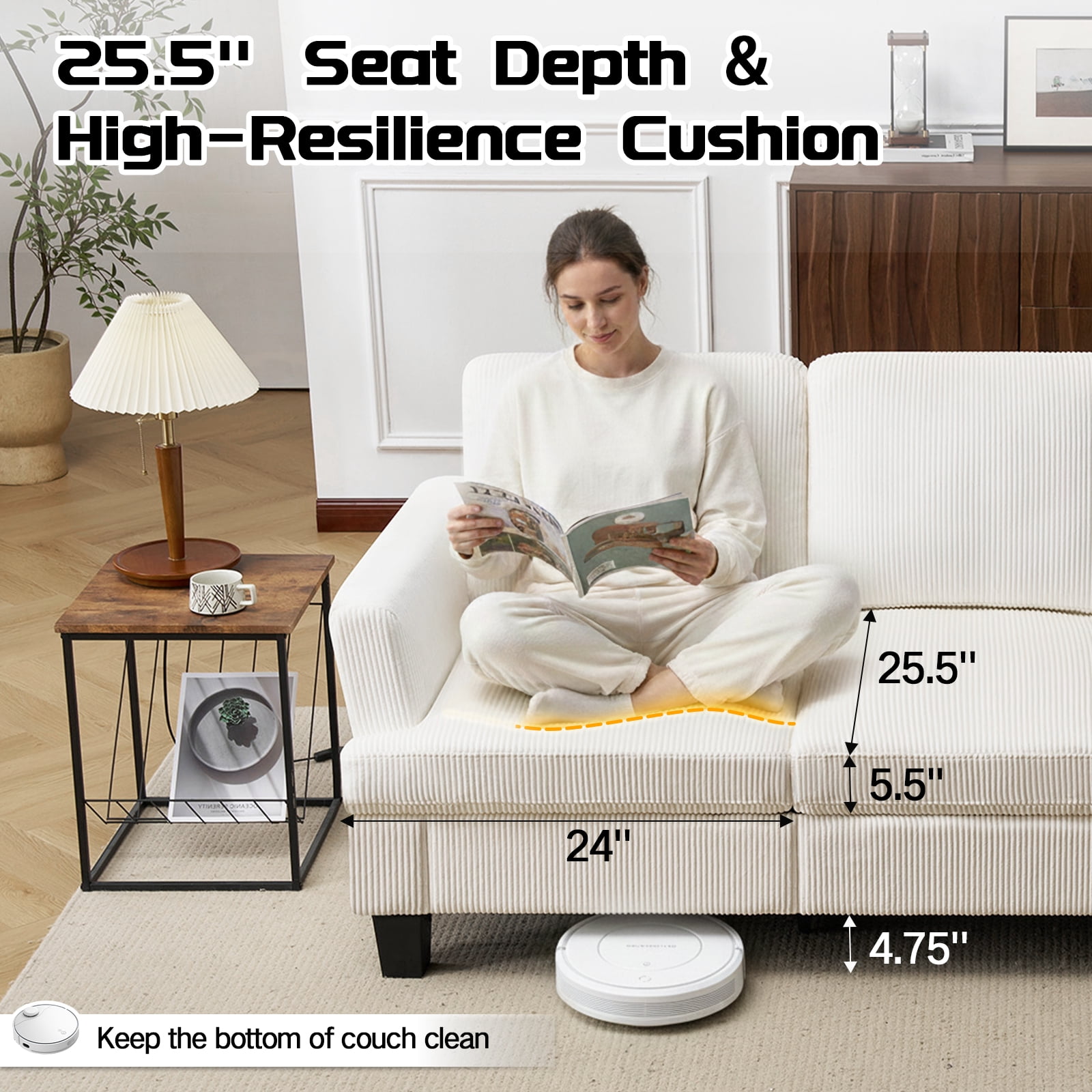 3 Seater Sofa, 84"W Corduroy Sofa with Extra Deep Seats, Modern Comfy Couch for Living Room, White