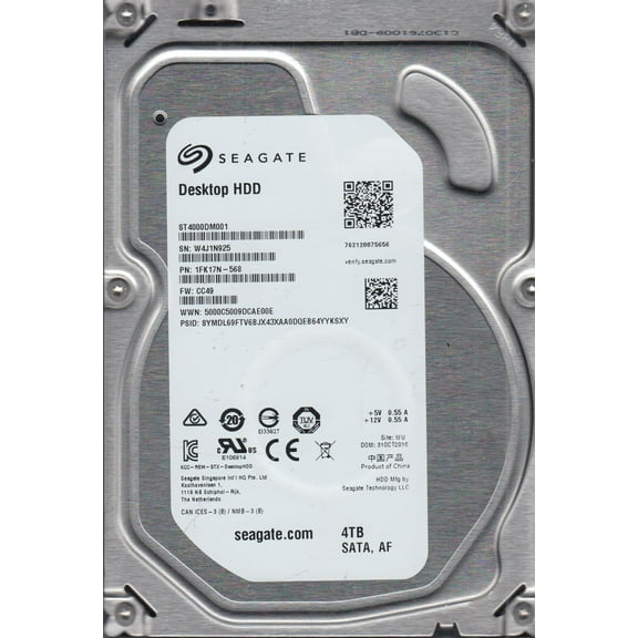 ST4000DM001, W4J, WU, PN 1FK17N-568, FW CC49, Seagate 4TB SATA 3.5 Hard Drive