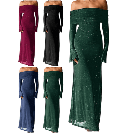 Mifsaly Wedding Guest Dresses for Women Off Shoulder Sequin Dress Bodycon Maxi Evening Gowns Flowy Cocktail Party Fashion Outfits 2026 XS