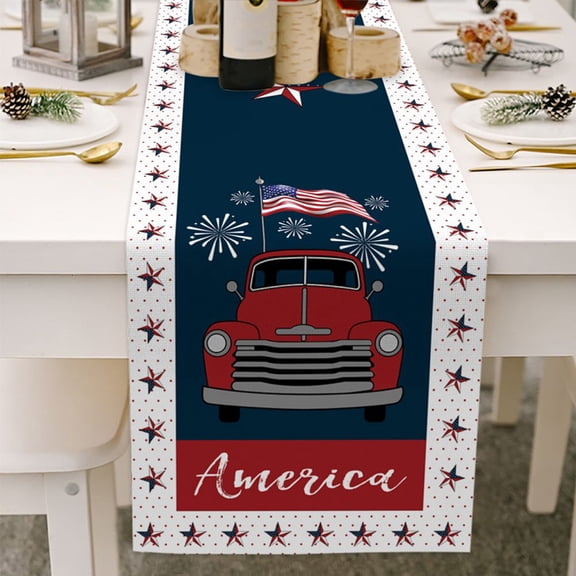Farmhouse Table Runner Dresser Scarves for Kitchen Dining Party Decor, 4th of July American Independence Day USA Flag Stars Stripes Burlap Linen Tabletop Cover Indoor Outdoor Tables Use - 13 x70 Inch