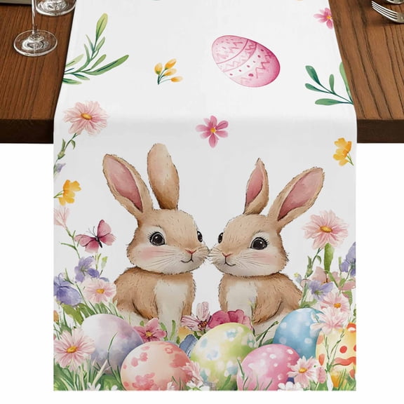 Spring Bunny Easter Table Runner 90 Inches Long,Floral Botanical Colorful Eggs Cotton Linen Table Runners Dresser Scarves,Decorative Tabletop Scarf Furniture Cover for Home Dinner Party 13"x90"