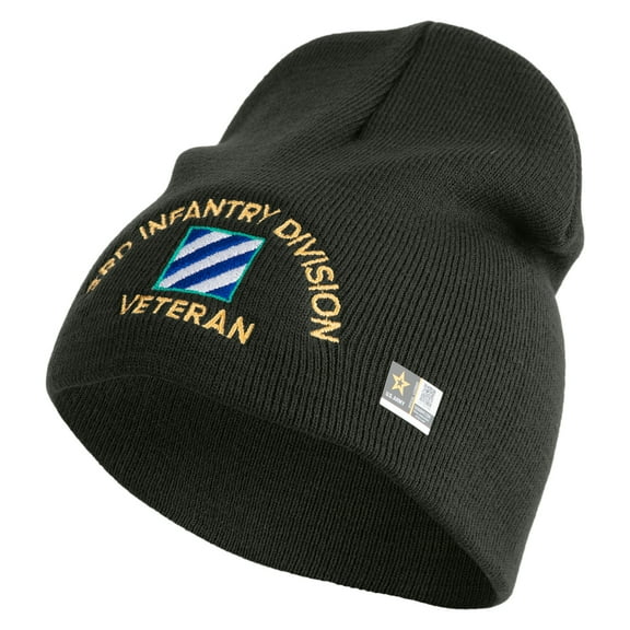U.S. Army 3rd Infantry Division Symbol Embroidered 8 Inch Solid Knit Short Beanie Made in USA - Graphite OSFM