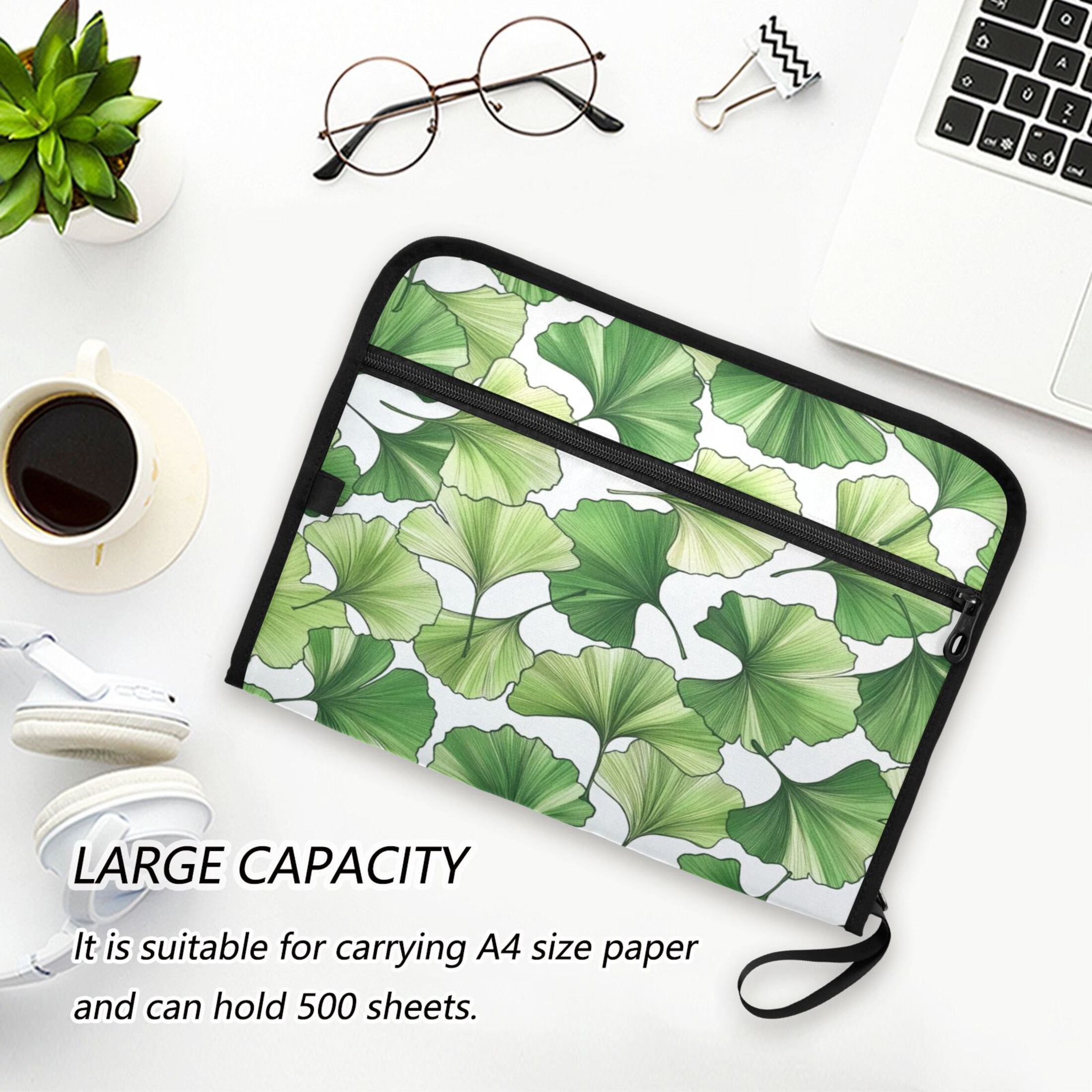 Accordion File Organizer with Zip Closure 13 Pockets Expanding File Folder Letter A4 Paper Document Organizer for Home Office Green Ginkgo Biloba