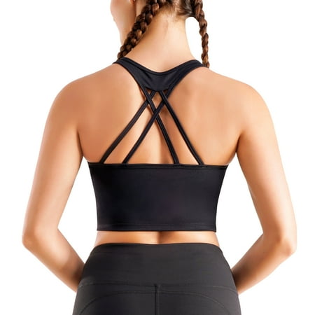 

Junlan Cross Back Sports Bra for Women Long Cord Plus Chest Pad Yoga Short Top Medium Support Wirefree Workout (BLack M）