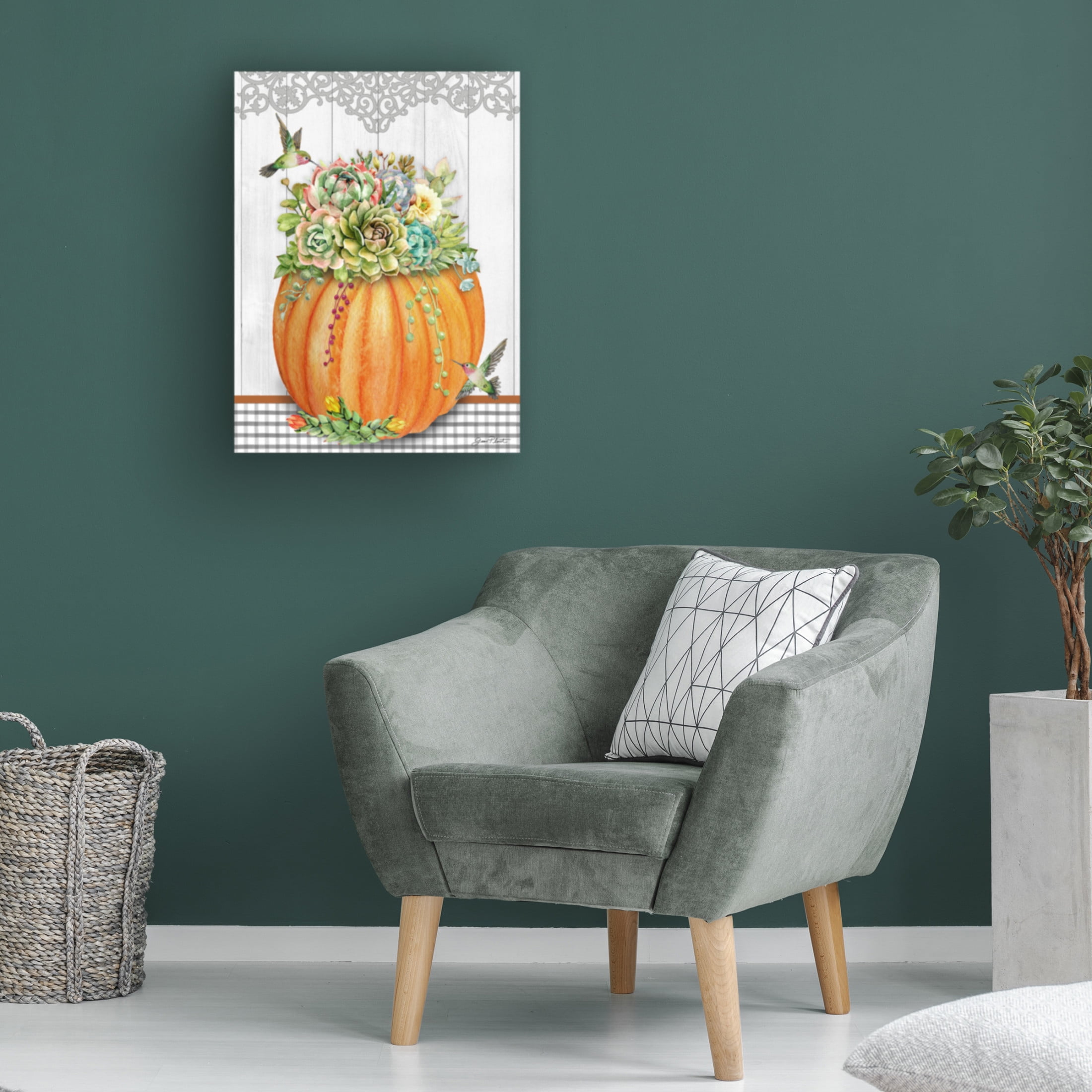 Canvas Wall Art - Jean Plout 'Pumpkins With Succulents C' Wall Art for Living Room, Bedroom, or Office Décor by Trademark Fine Art - 24 x 32 Inches