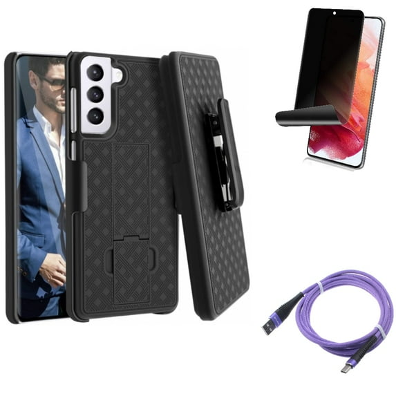 Privacy Screen Protector w 10ft USB Cable w Case Belt Clip for Samsung Galaxy S21 Plus - TPU Film Fingerprint Works, Purple Type-C, Holster Swivel Accessory Bundle
