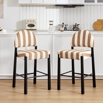 ONEVOG 26.4'' Counter Height Wooden Bar Stools Set of 2, Upholstered Linen Fabric Bar Stools with Arched Back & Black Wood Legs, BOHO Linen Counter Chairs for Kitchen Island, White & Brown Stripes