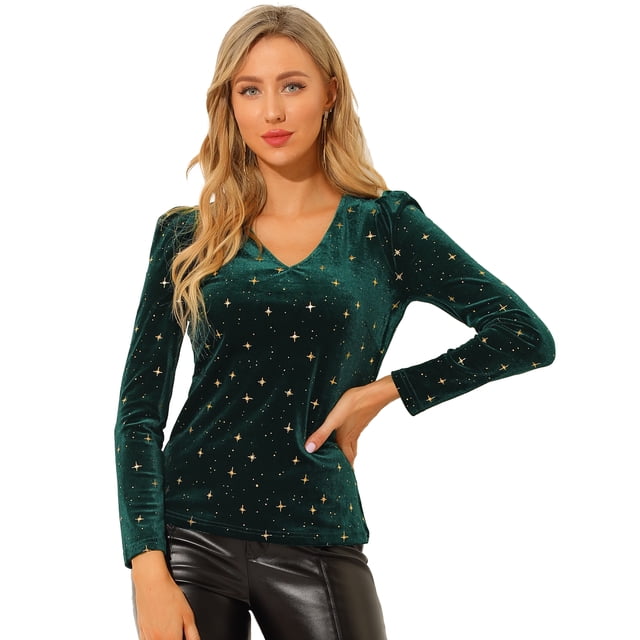 Blusa De Manga Larga Con Cuello En V De Terciopelo Para Mujer, Blusa Con Estrellas Brillantes Metálicas Doradas Verde M