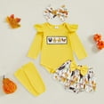 thumbnail image 2 of Pandaie Newborn Baby Girl Clothes Toddler Ruffle Rompers Infant Flower Dress Fall Winter Clothes Set with Headband Socks Yellow 9-12 Months, 2 of 4