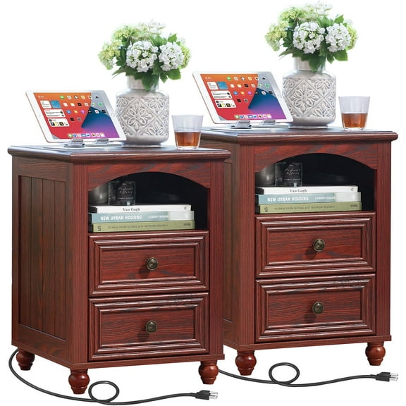 18" Farmhouse Night Stand Set of 2 with Charging Station, Wood Nightstand with 2 Drawers, Bedside End Table with Shelf Storage, Bed Side Tables for Bedroom, Living Room, and Closet